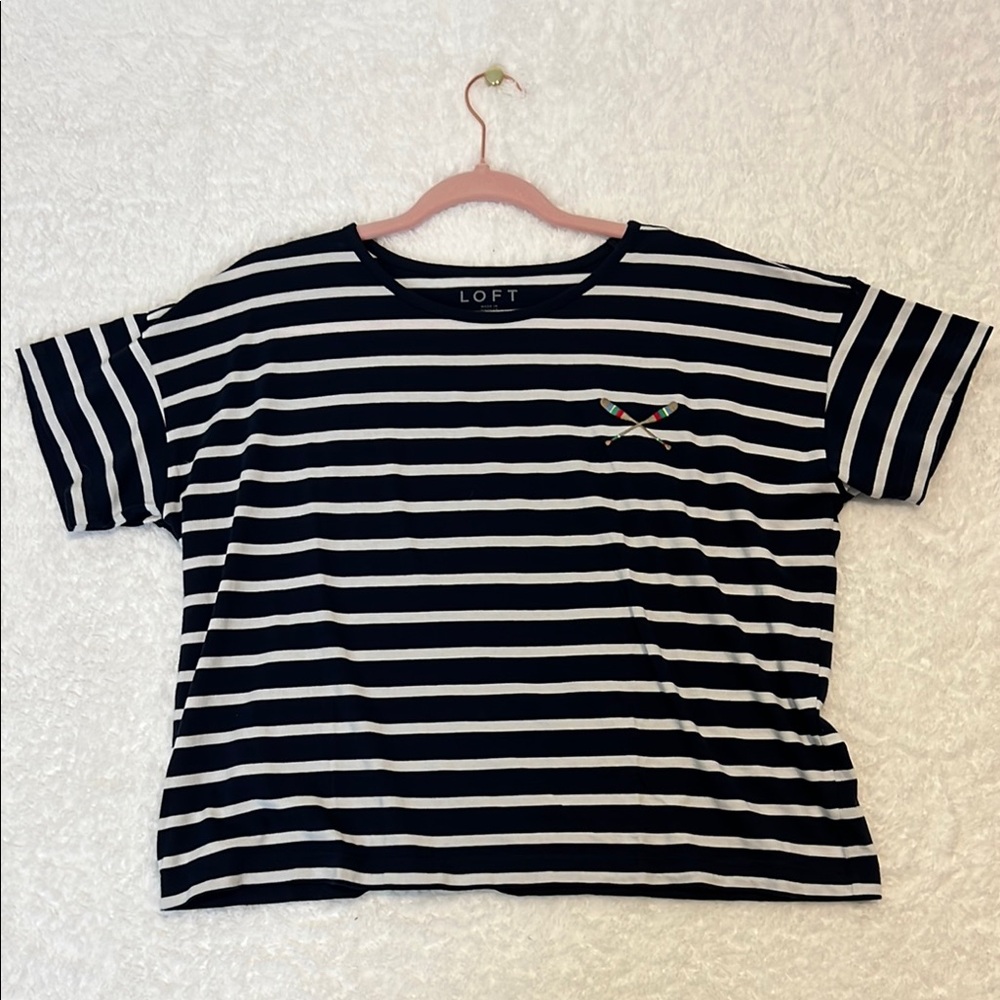 LOFT Blue and White Striped Short Sleeve Boxy Tee with Sporty Stitched Design M